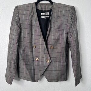 Kasper for ASL Petite Gray Plaid Collarless Double Breasted Blazer Jacket Size 8